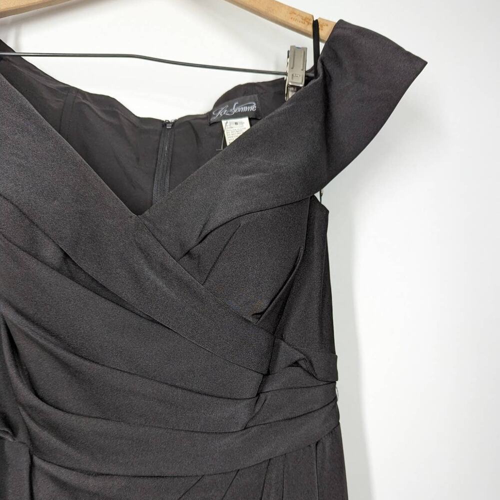 La Femme Surplice Off The Shoulder Column Gown Dress Black Satin Size 8 Preowned - Picture 4 of 8